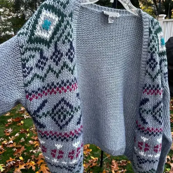 Vintage Croquet Club Boho Knit Cardigan Sweater Gray Patterned Sleeves Size M - Picture 5 of 7